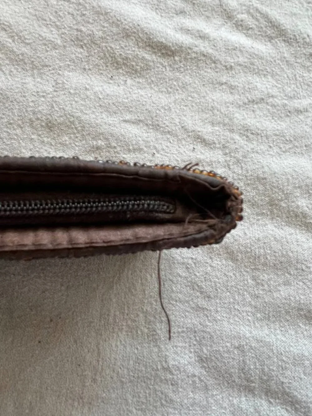 Vintage Style Brown Beaded Zipper Coin Pouch Purse Wallet 5.5x3 inches
